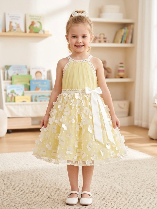 Other - Girls Yellow Floral Tulle Party Dress with Satin Bow